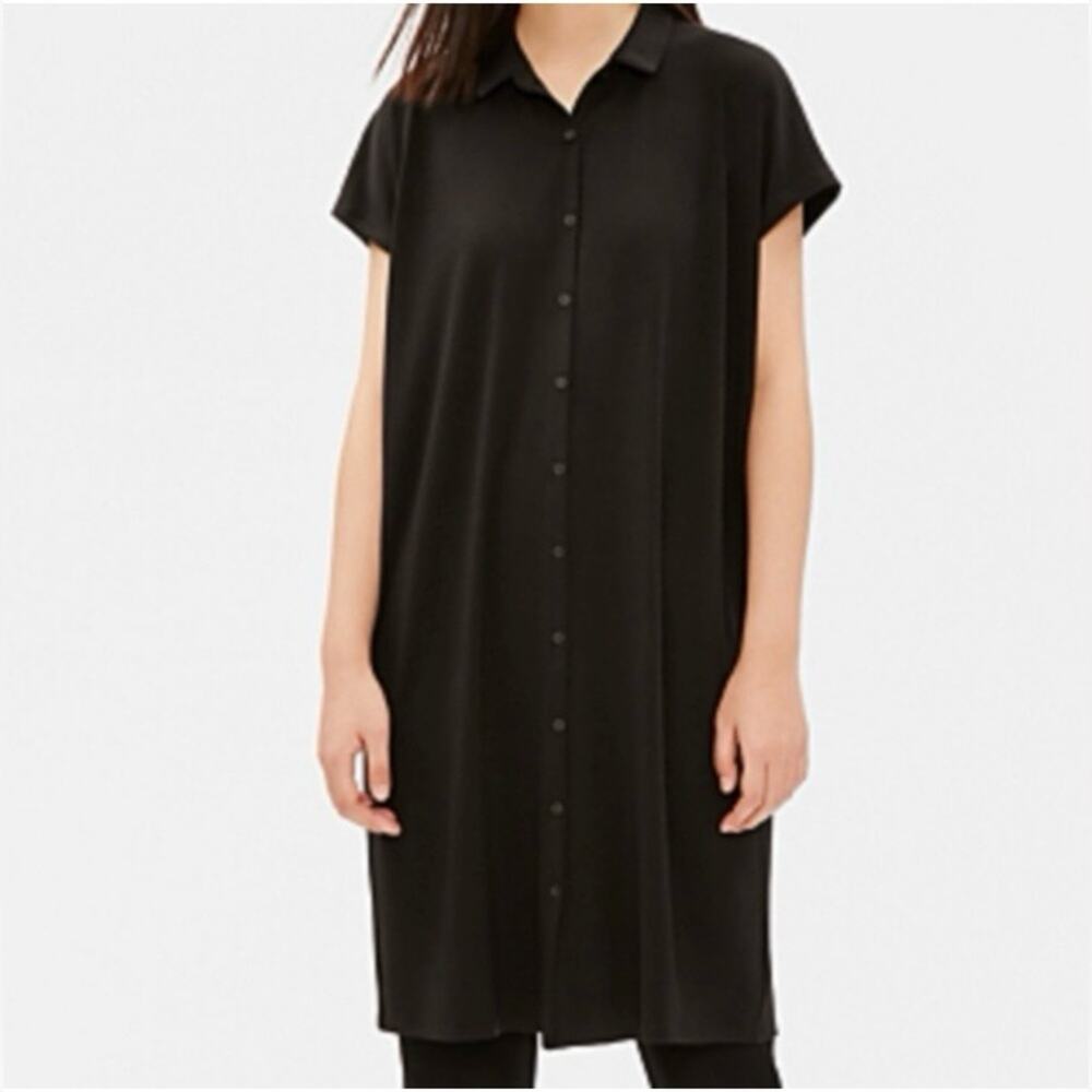Eileen Fisher Black Jersey Button Down Short Sleeve A-Line Tunic Dress XS